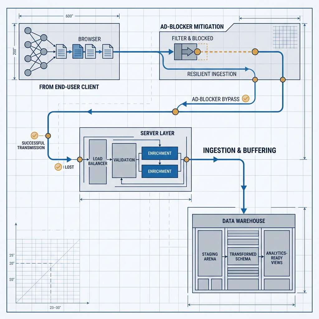 Data pipeline architecture diagram showing server-side tracking flow