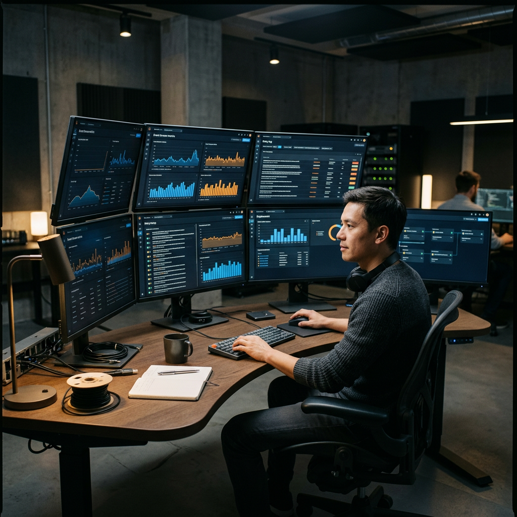 Data engineer monitoring real-time event streams and system health