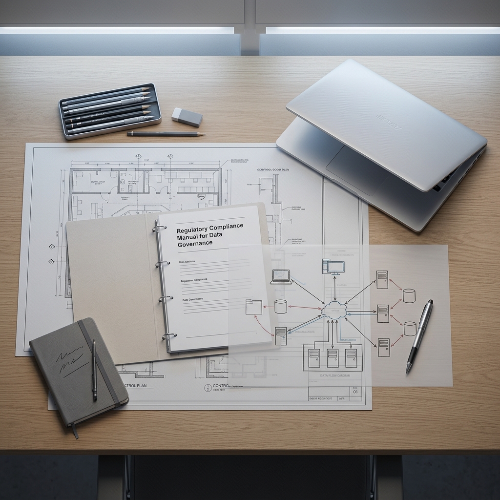 Overhead view of compliance planning documentation and infrastructure setup