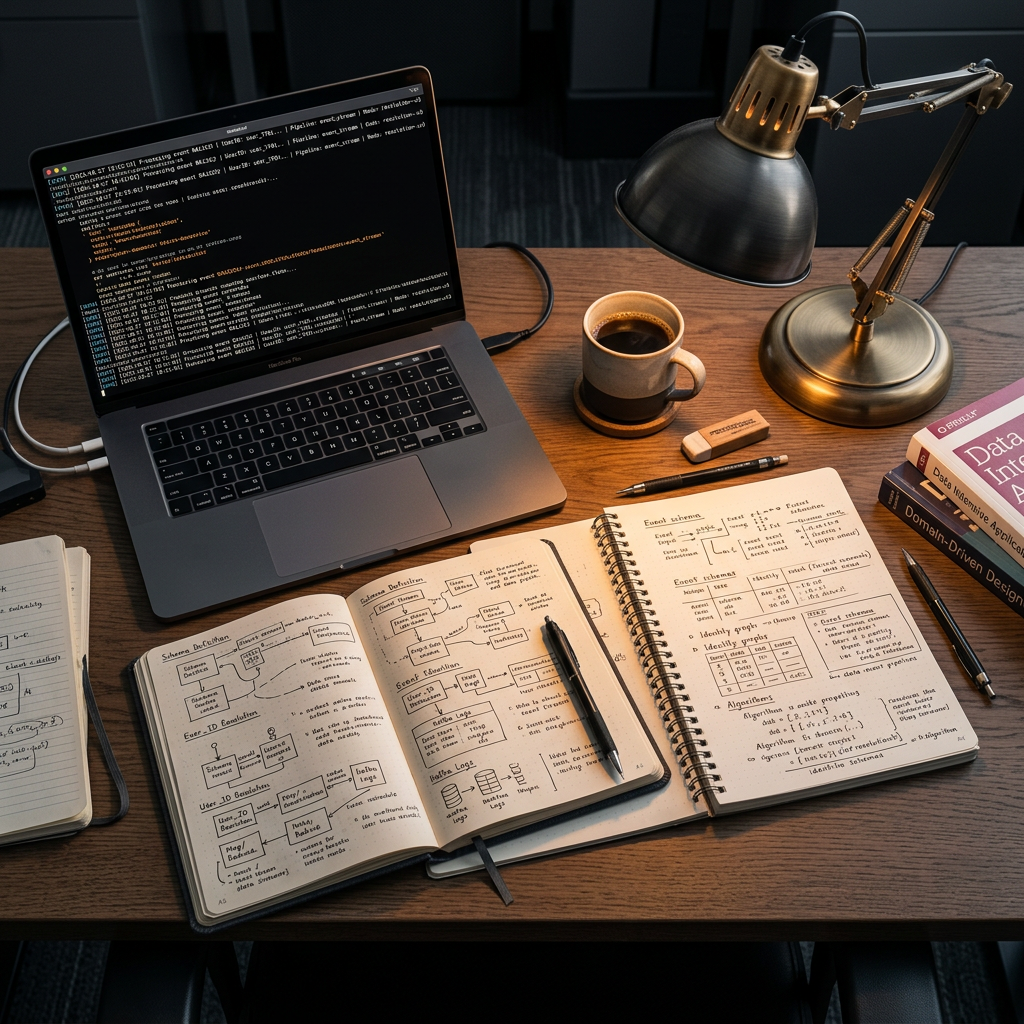Engineer's desk with event schema notes and terminal logs