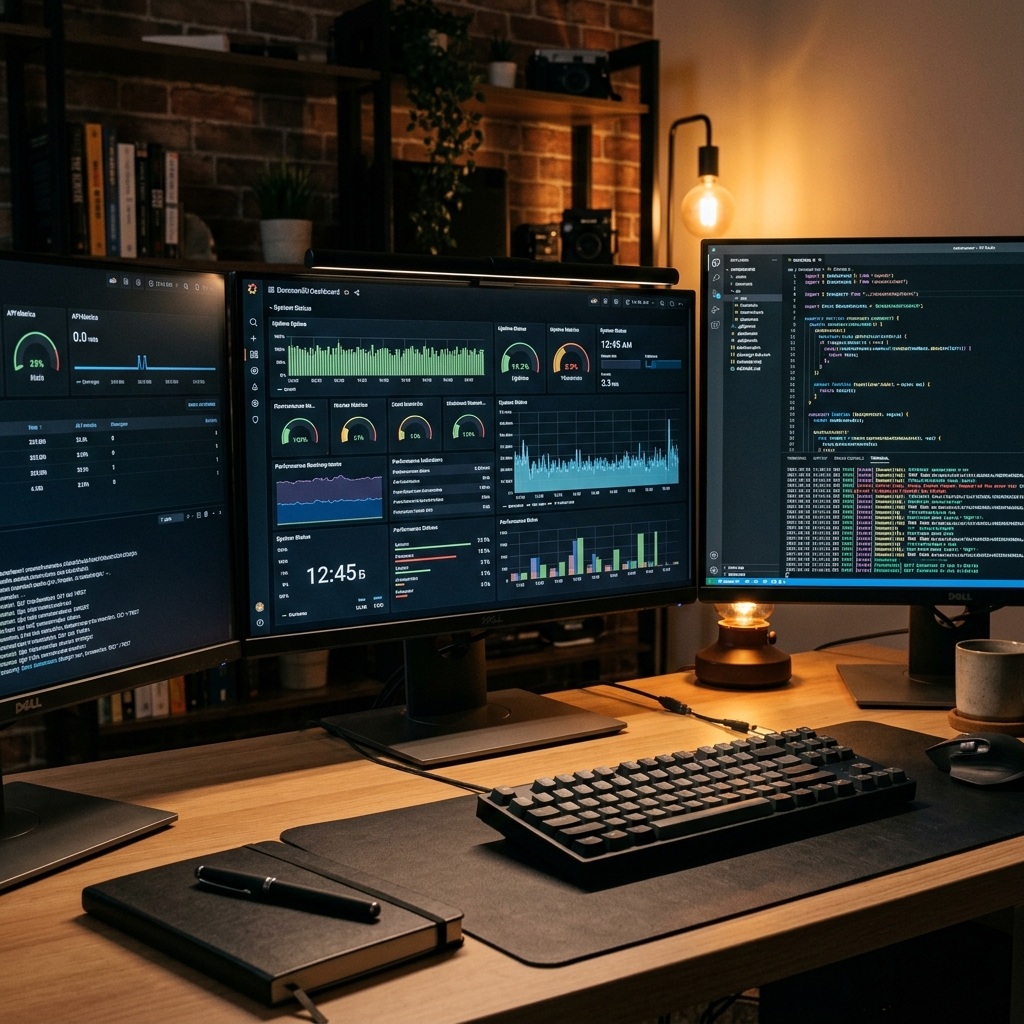Developer monitoring server-side tracking dashboards across multiple monitors