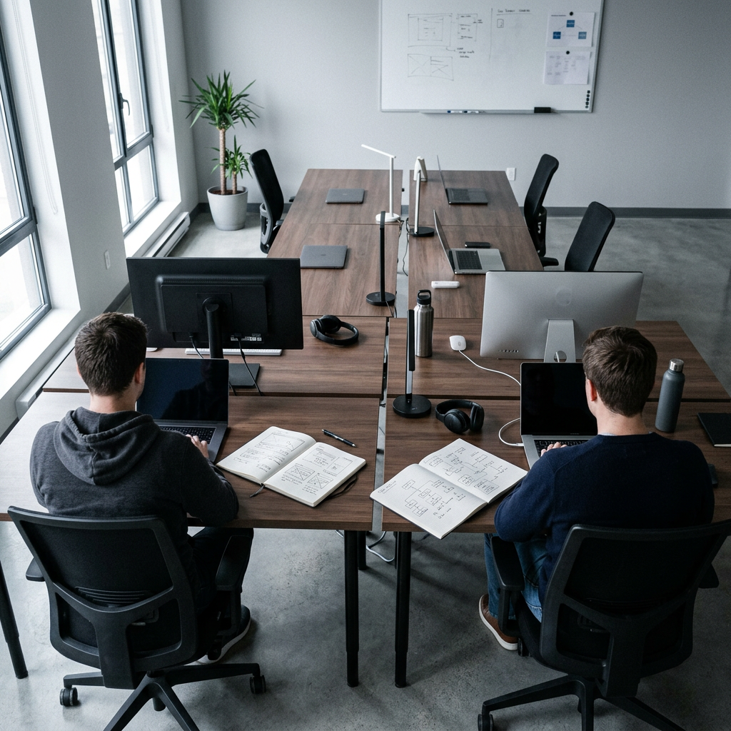 SaaS engineering team working on tracking system implementation at desks