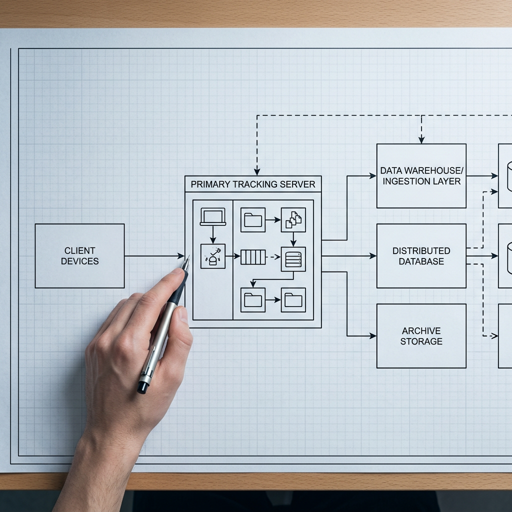 Technical schematic of server-side tracking architecture with infrastructure boxes
