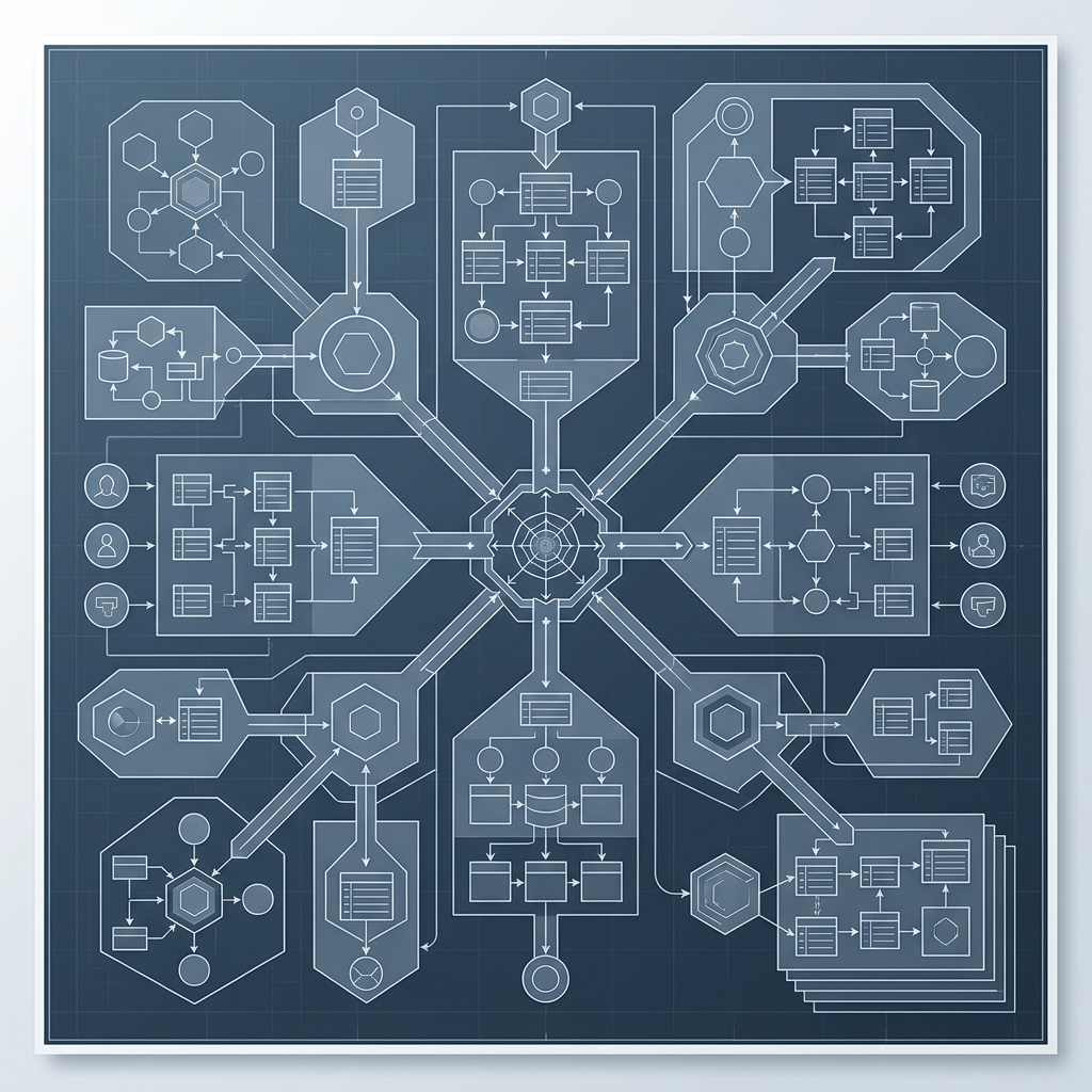Data warehouse architecture blueprint with connected event nodes