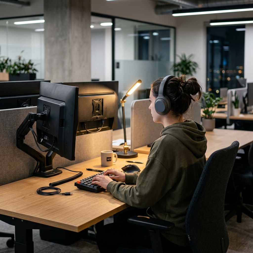 Engineer at dual monitors running SQL queries with dashboard results