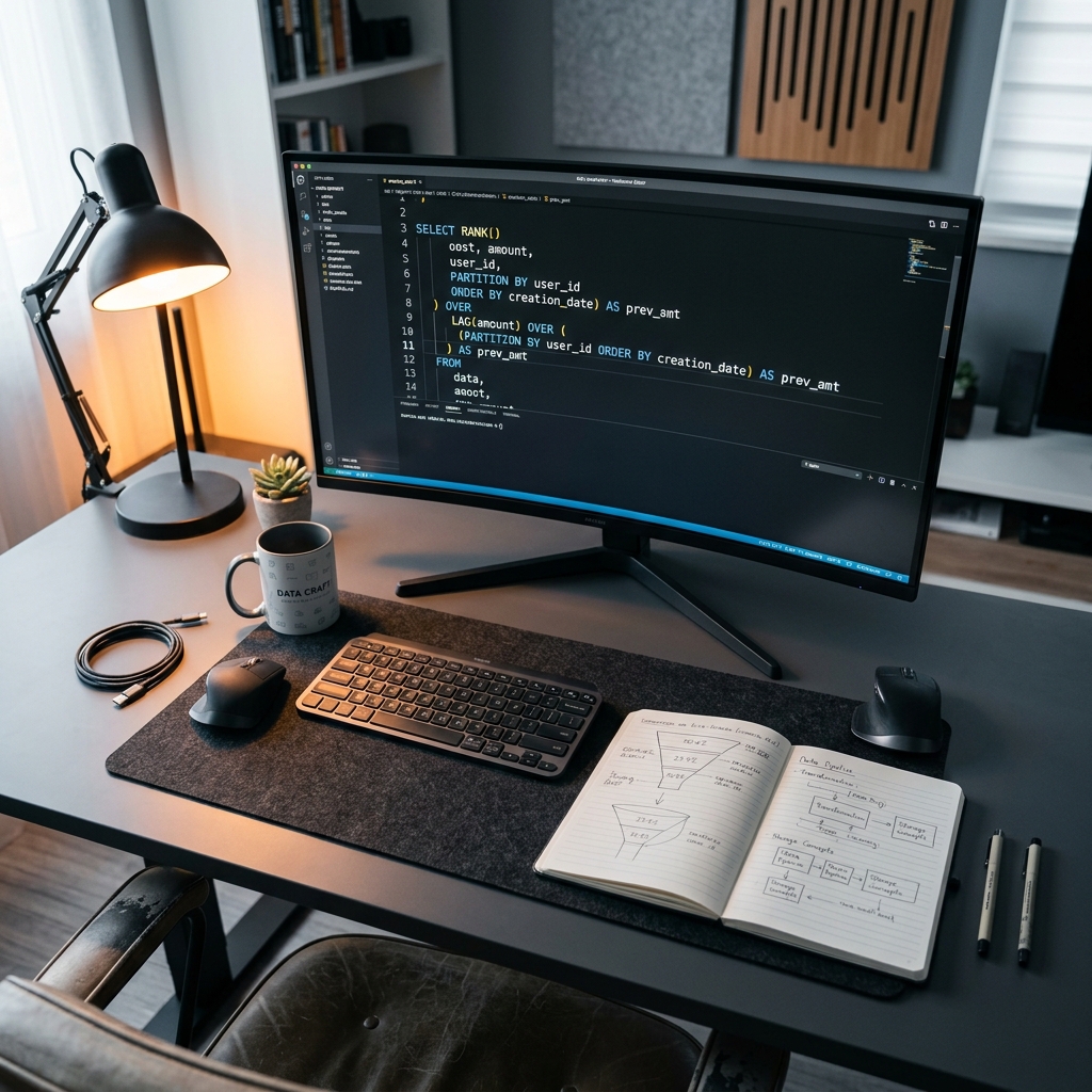 SQL window functions code on monitor with analytics notebook