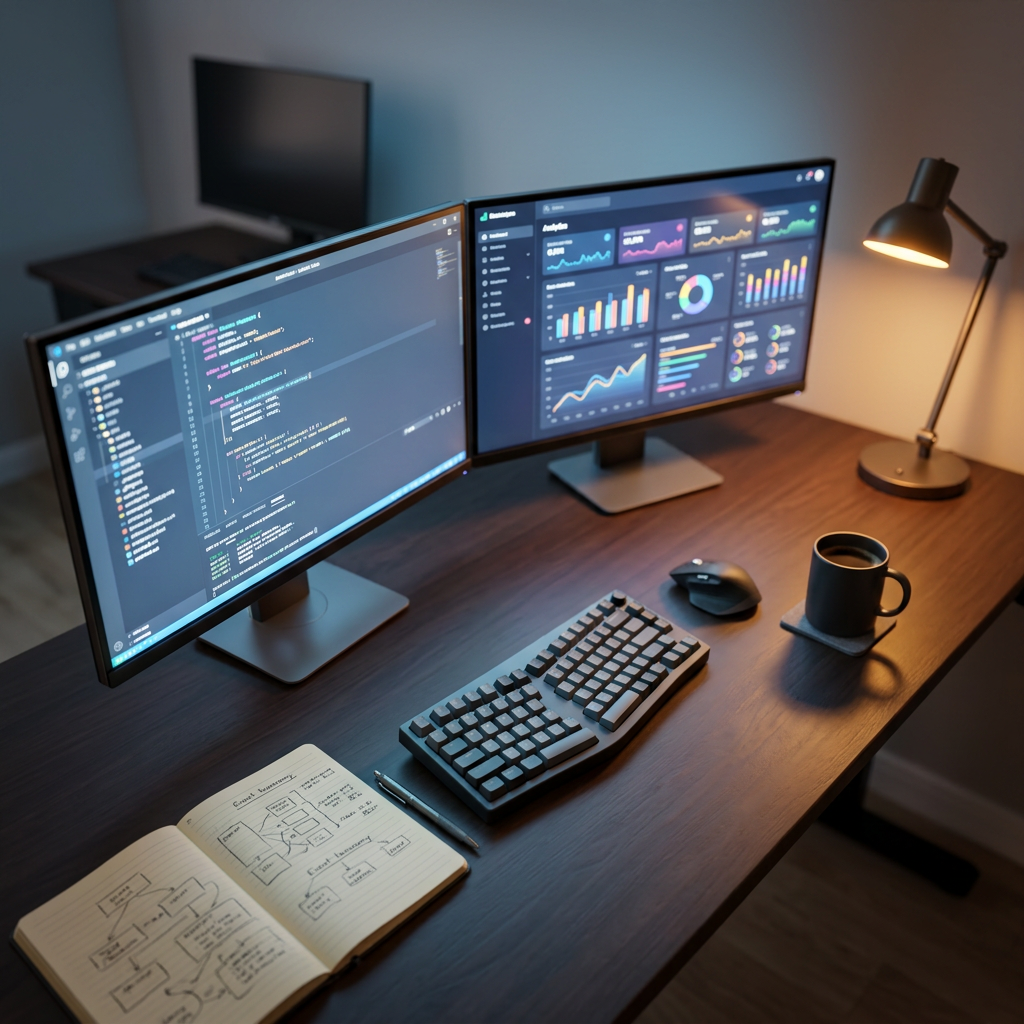 Developer workspace with dual monitors and analytics setup