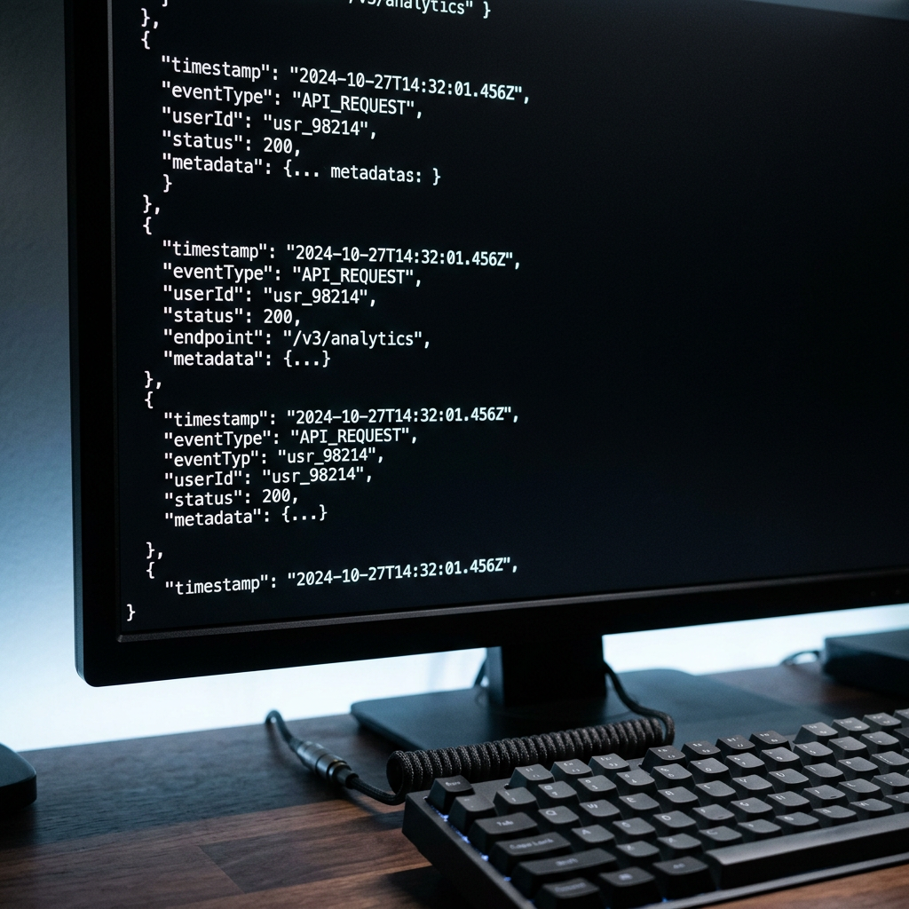 Terminal displaying structured event tracking data