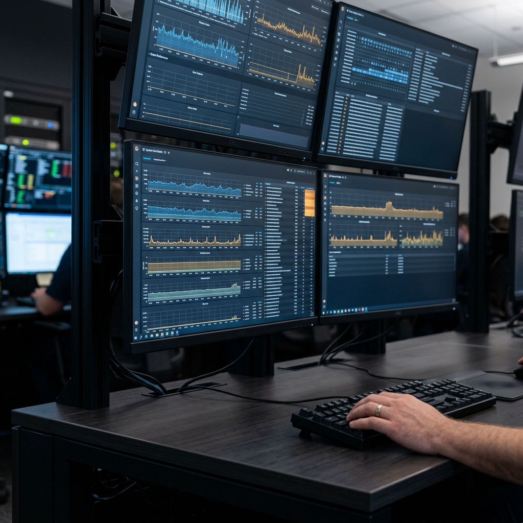 Control room screens monitoring data streams and events