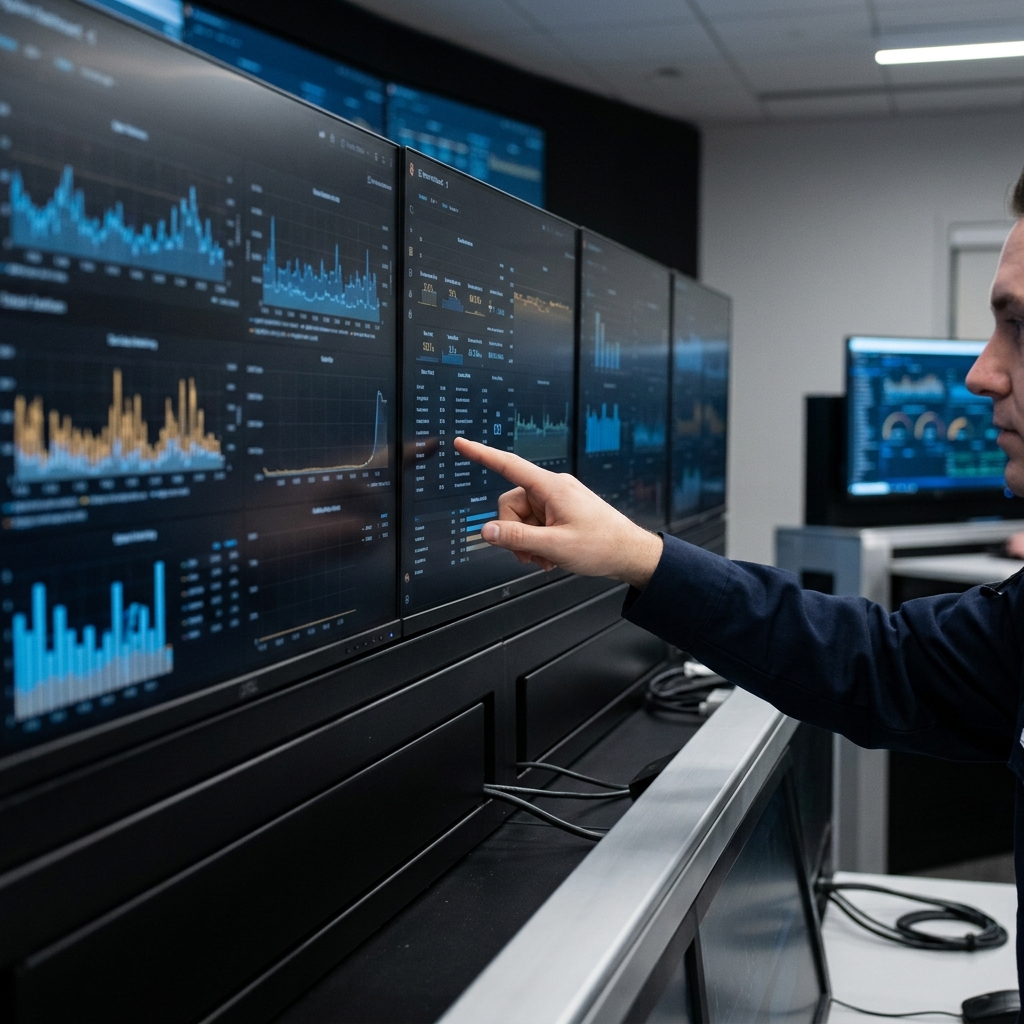 Data operator monitoring multiple dashboard screens