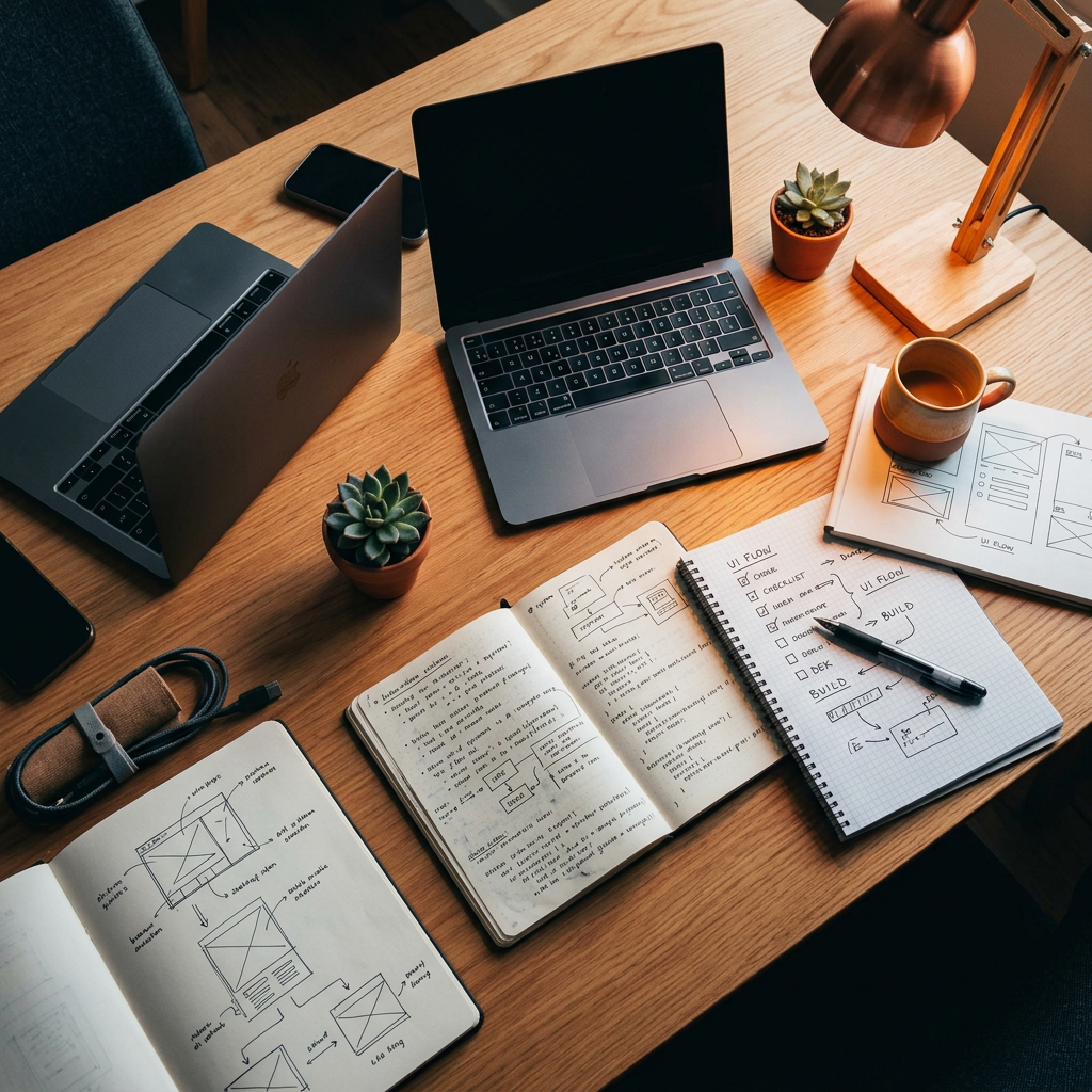 Developer workspace with notebooks and dual monitor setup